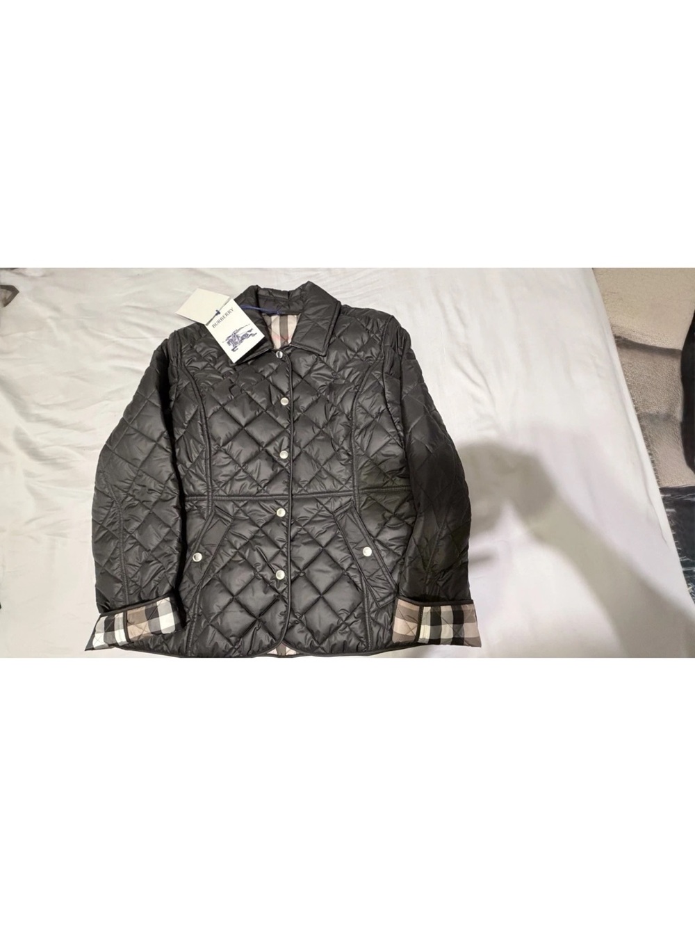 Burberry Black Quilted Kids Puffer Jacket with Plaid Cuff Detail